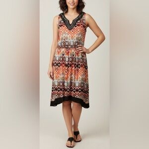 NY Collection Vibrant Orange & Black V-Neck Midi Dress Size Small